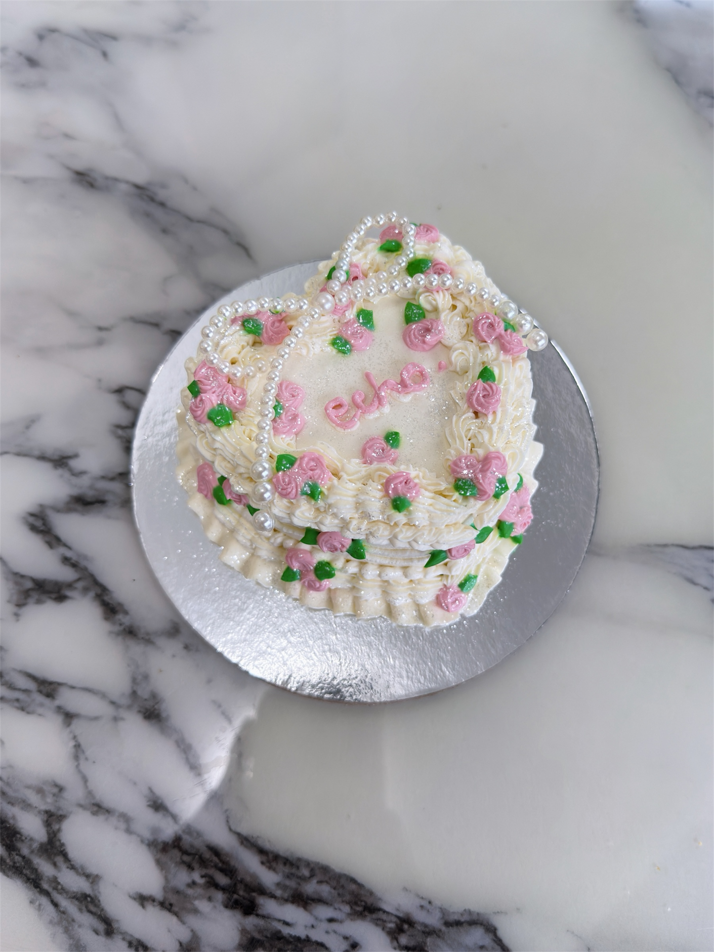 Mini Heart Pearl Ribbon Cake(Yogurt Cream Cheese)
