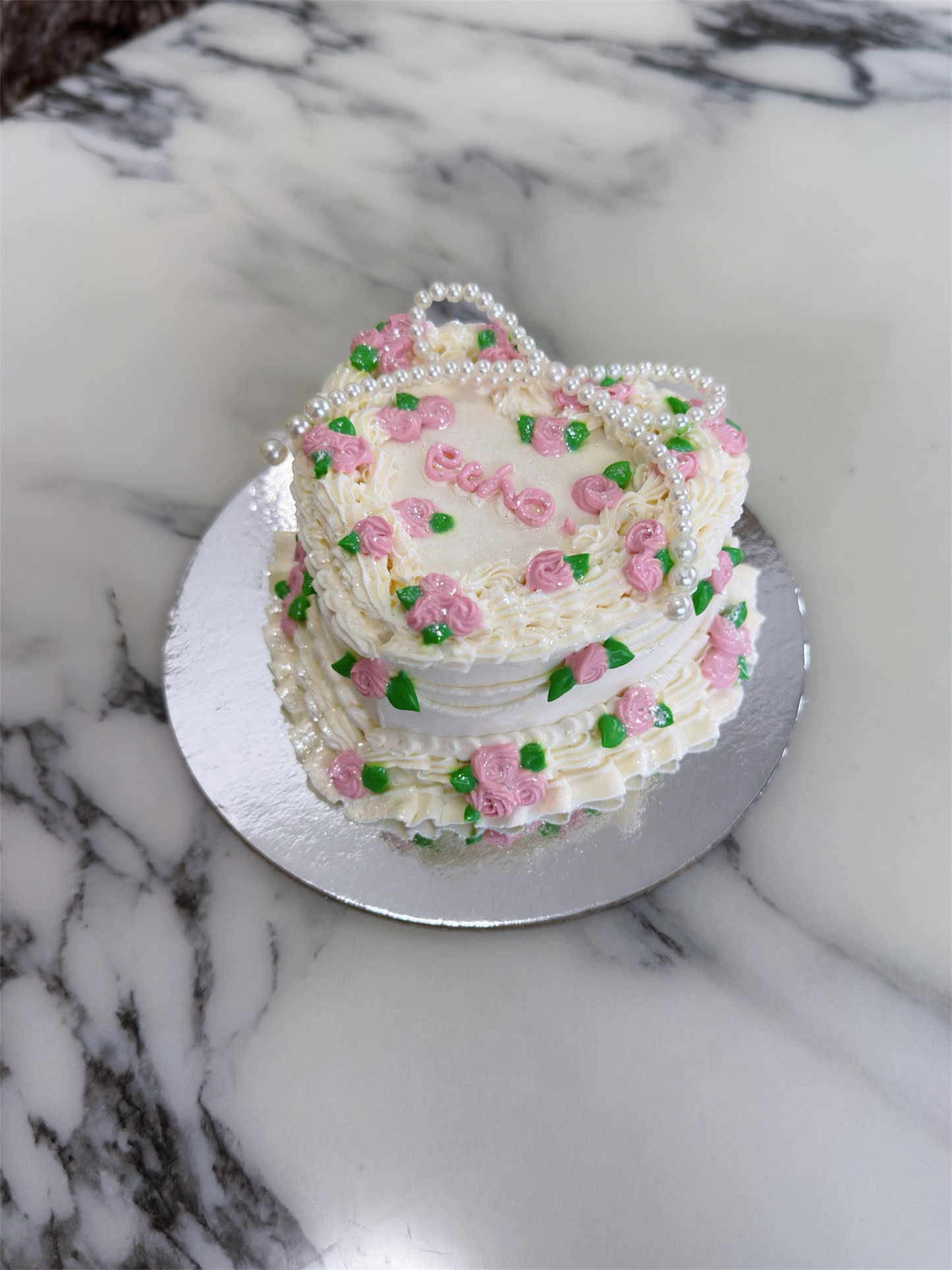 Mini Heart Pearl Ribbon Cake(Yogurt Cream Cheese)