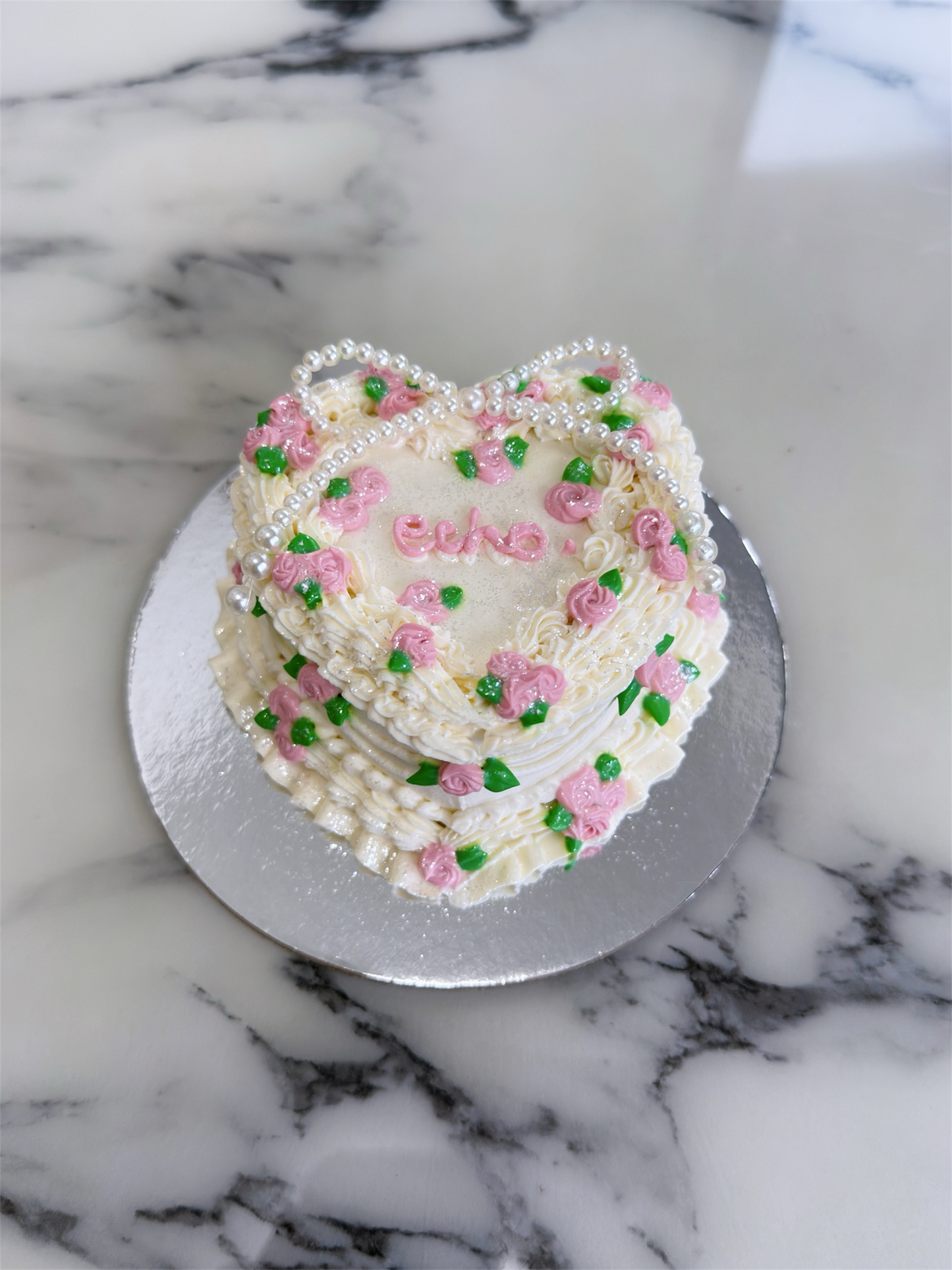 Mini Heart Pearl Ribbon Cake(Yogurt Cream Cheese)